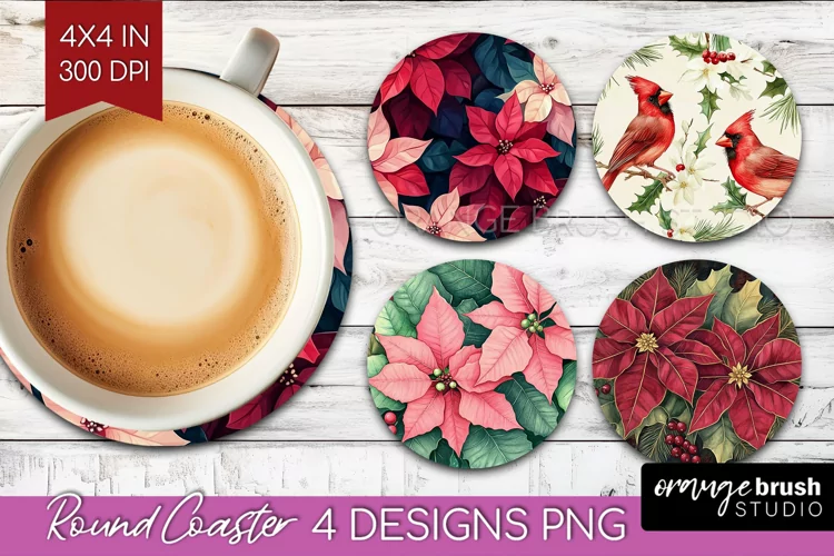 Poinsettia Round Coaster - Christmas Coaster PNG Sublimation