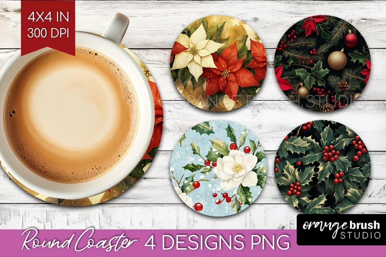 Poinsettia Round Coaster - Christmas Coaster PNG Sublimation