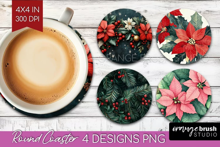 Poinsettia Round Coaster - Christmas Coaster PNG Sublimation