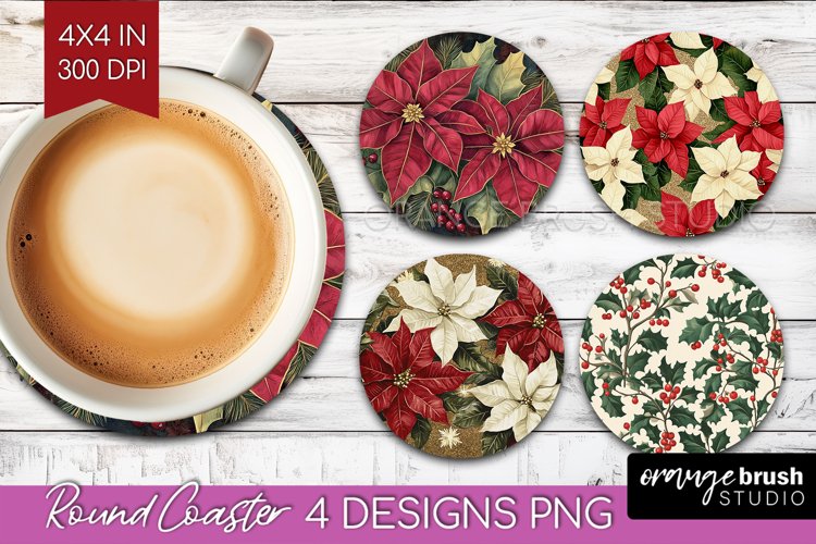Poinsettia Round Coaster - Christmas Coaster PNG Sublimation example image 1