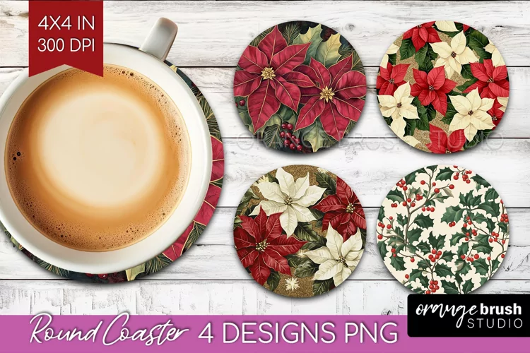 Poinsettia Round Coaster - Christmas Coaster PNG Sublimation