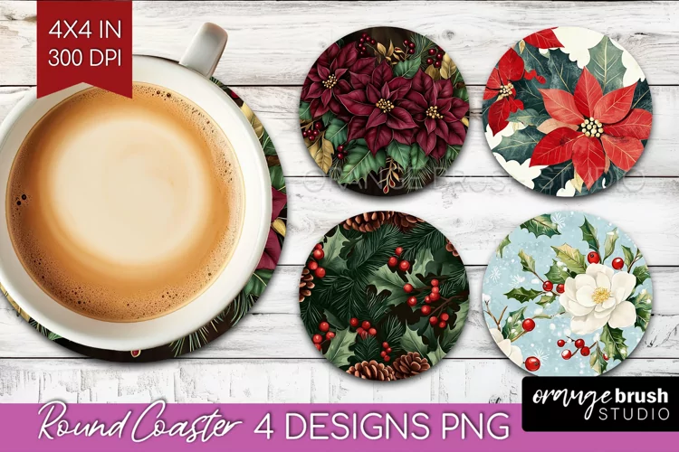 Poinsettia Round Coaster - Christmas Coaster PNG Sublimation
