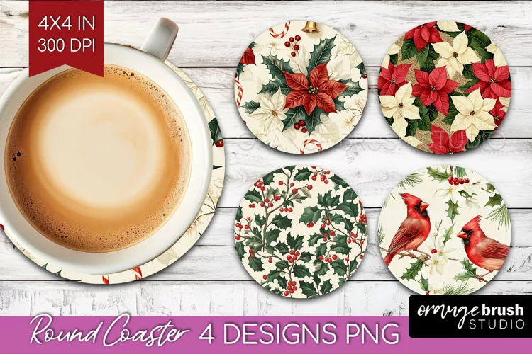 Poinsettia Round Coaster - Christmas Coaster PNG Sublimation