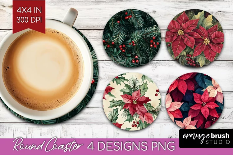 Poinsettia Round Coaster - Christmas Coaster PNG Sublimation