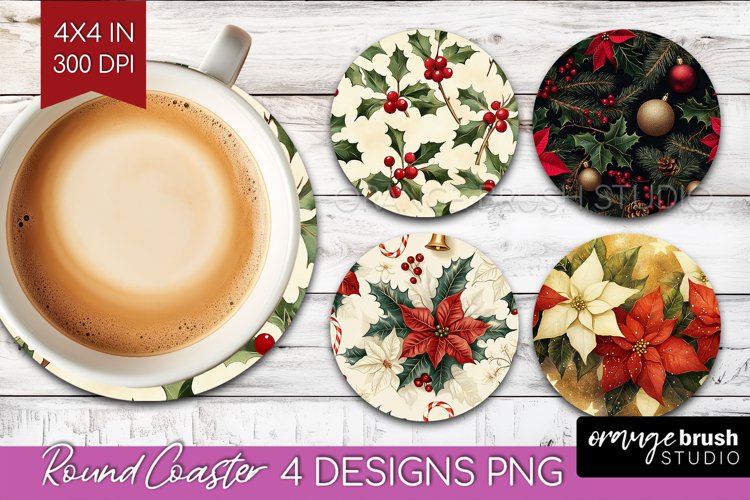 Poinsettia Round Coaster - Christmas Coaster PNG Sublimation example image 1