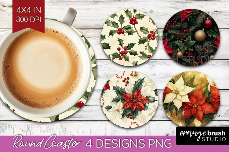 Poinsettia Round Coaster - Christmas Coaster PNG Sublimation