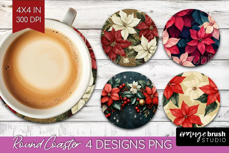 Poinsettia Round Coaster - Christmas Coaster PNG Sublimation