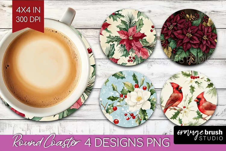 Poinsettia Round Coaster - Christmas Coaster PNG Sublimation