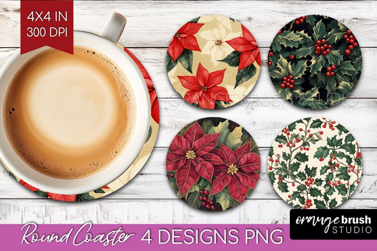 Poinsettia Round Coaster - Christmas Coaster PNG Sublimation example image 1