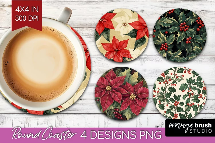 Poinsettia Round Coaster - Christmas Coaster PNG Sublimation