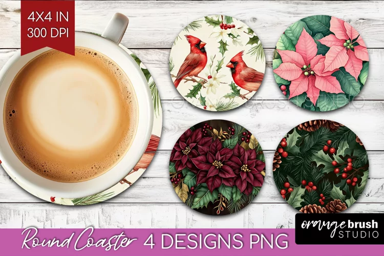 Poinsettia Round Coaster - Christmas Coaster PNG Sublimation