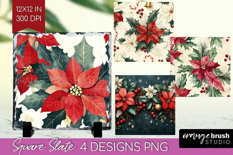 Poinsettia Slate PNG - Christmas Square Slate Sublimation