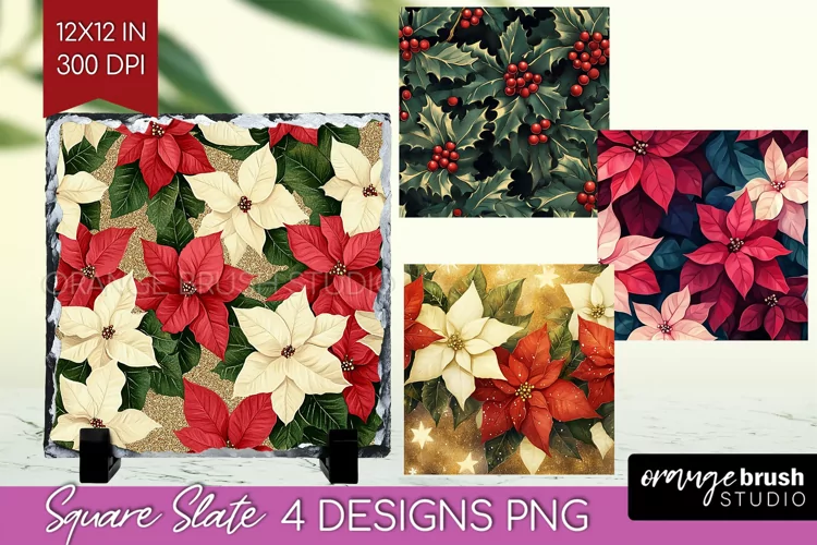 Poinsettia Slate PNG - Christmas Square Slate Sublimation