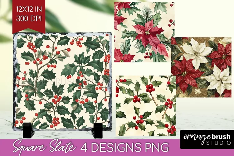 Poinsettia Slate PNG - Christmas Square Slate Sublimation