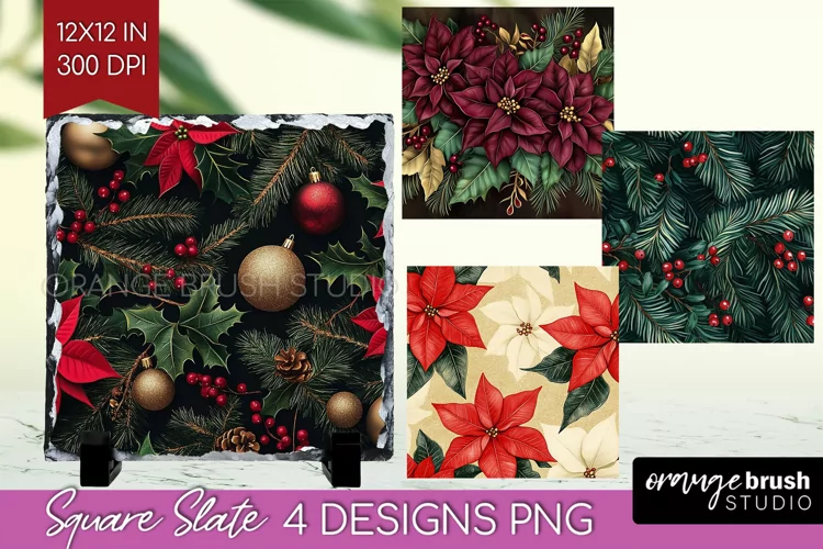 Poinsettia Slate PNG - Christmas Square Slate Sublimation