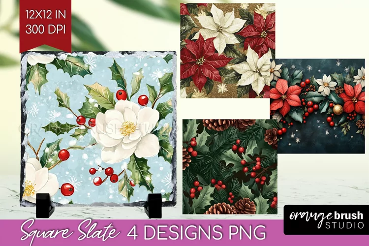 Poinsettia Slate PNG - Christmas Square Slate Sublimation