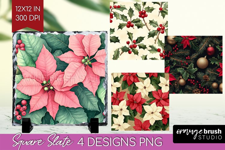 Poinsettia Slate PNG - Christmas Square Slate Sublimation example image 1