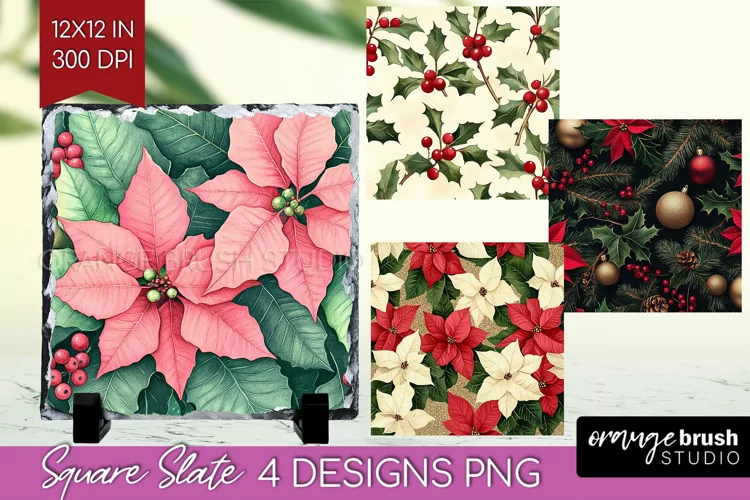 Poinsettia Slate PNG - Christmas Square Slate Sublimation