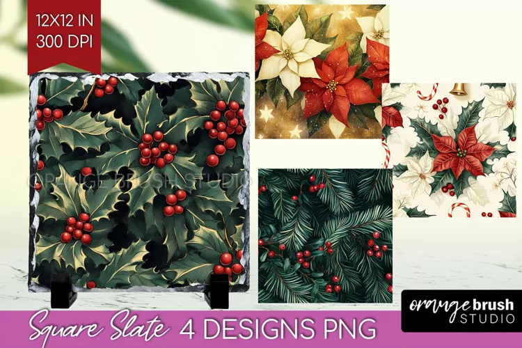 Poinsettia Slate PNG - Christmas Square Slate Sublimation