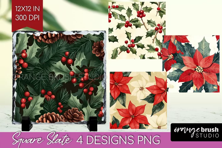 Poinsettia Slate PNG - Christmas Square Slate Sublimation