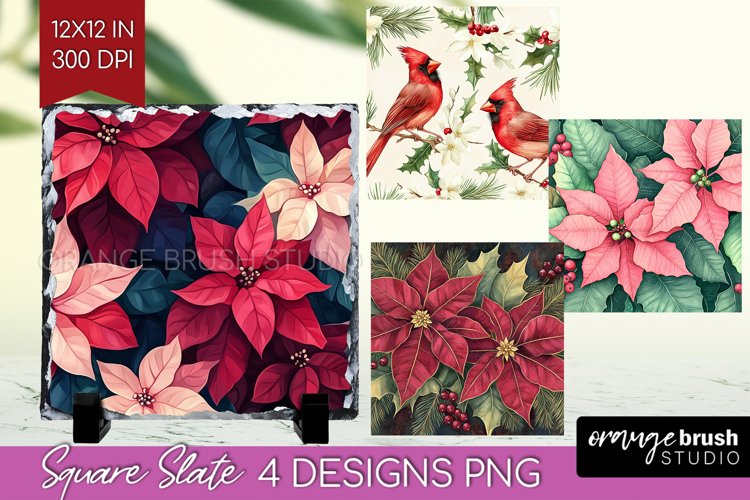 Poinsettia Slate PNG - Christmas Square Slate Sublimation example image 1