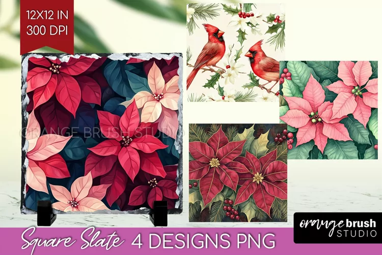 Poinsettia Slate PNG - Christmas Square Slate Sublimation