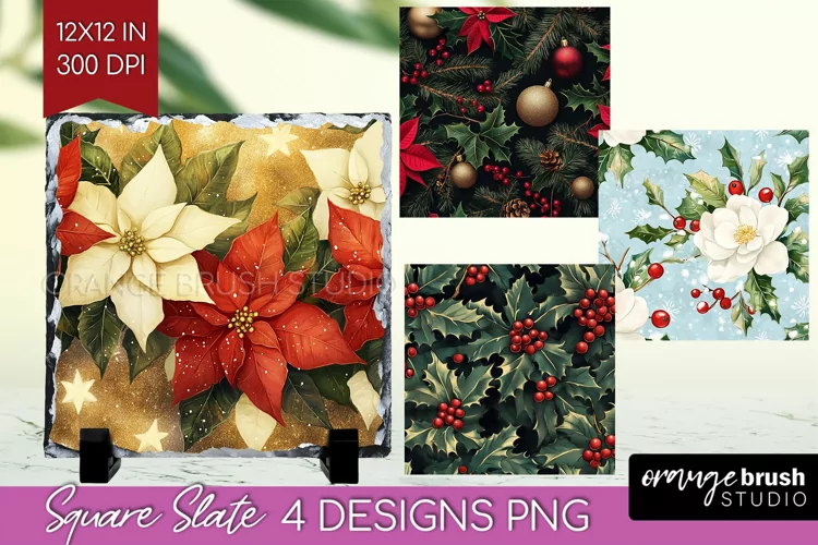 Poinsettia Slate PNG - Christmas Square Slate Sublimation