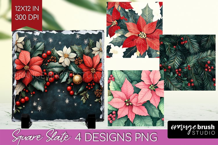 Poinsettia Slate PNG - Christmas Square Slate Sublimation example image 1