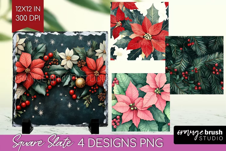 Poinsettia Slate PNG - Christmas Square Slate Sublimation