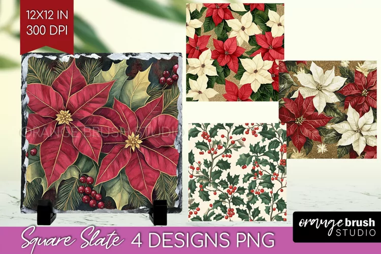 Poinsettia Slate PNG - Christmas Square Slate Sublimation