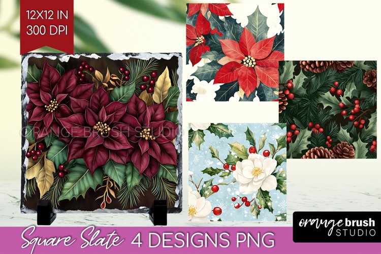 Poinsettia Slate PNG - Christmas Square Slate Sublimation example image 1