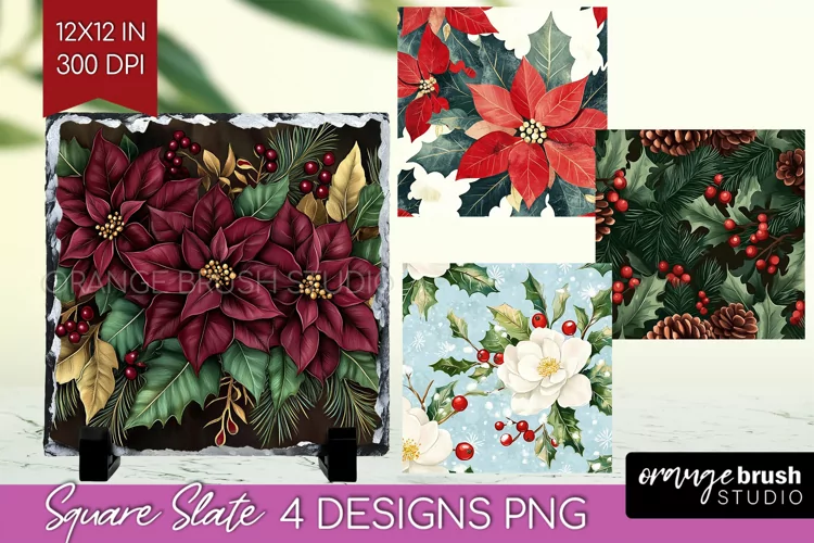 Poinsettia Slate PNG - Christmas Square Slate Sublimation
