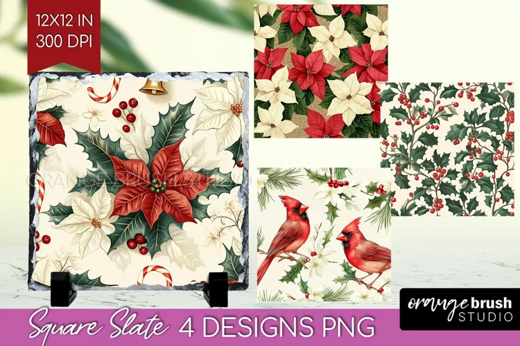 Poinsettia Slate PNG - Christmas Square Slate Sublimation