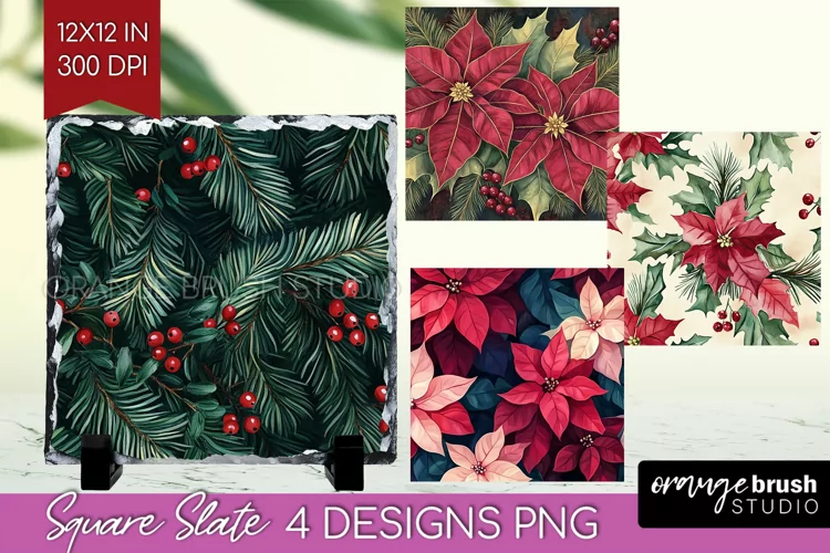 Poinsettia Slate PNG - Christmas Square Slate Sublimation