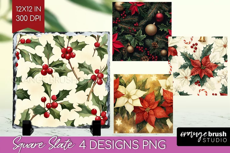 Poinsettia Slate PNG - Christmas Square Slate Sublimation