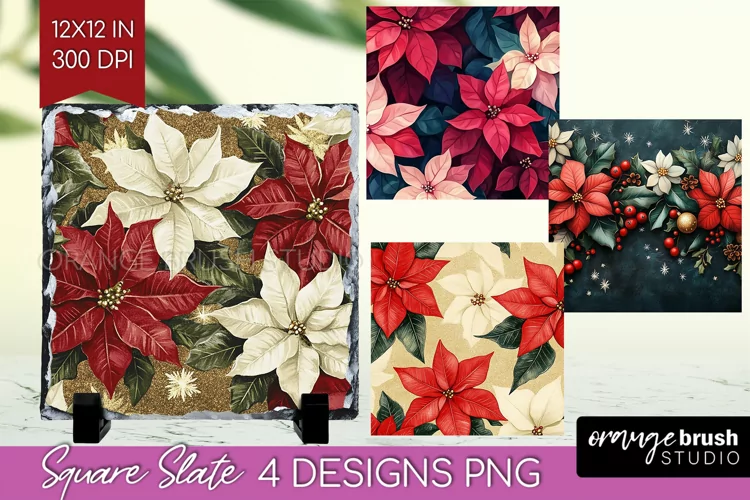 Poinsettia Slate PNG - Christmas Square Slate Sublimation