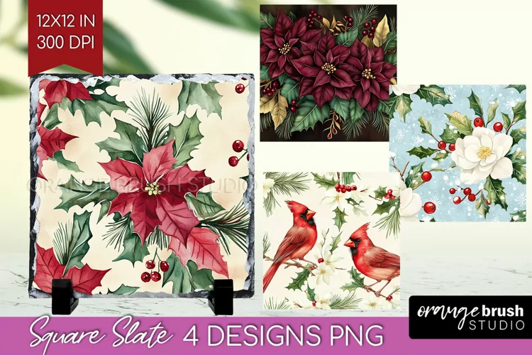 Poinsettia Slate PNG - Christmas Square Slate Sublimation