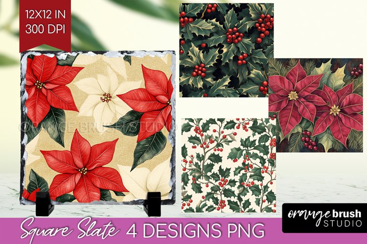 Poinsettia Slate PNG - Christmas Square Slate Sublimation example image 1