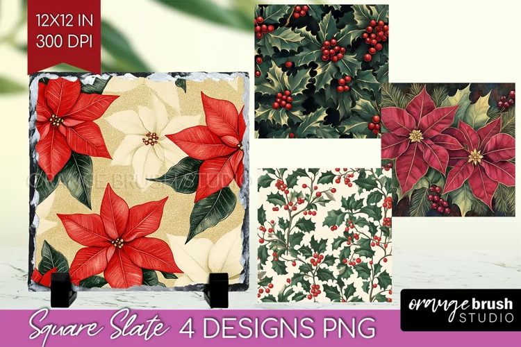 Poinsettia Slate PNG - Christmas Square Slate Sublimation