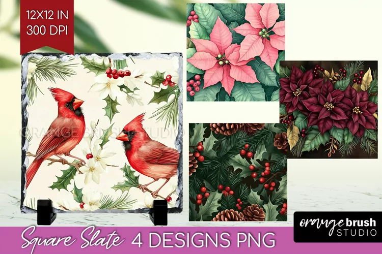 Poinsettia Slate PNG - Christmas Square Slate Sublimation