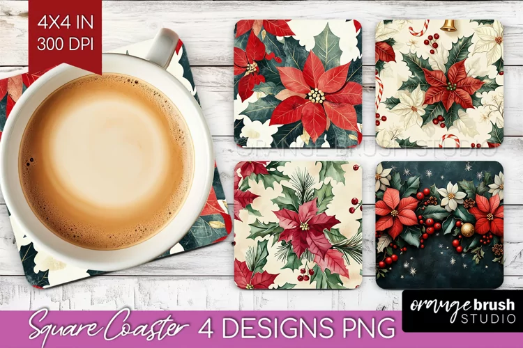 Poinsettia Square Coaster - Christmas Coaster PNG