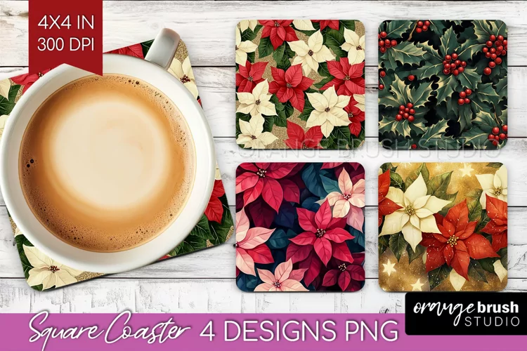 Poinsettia Square Coaster - Christmas Coaster PNG