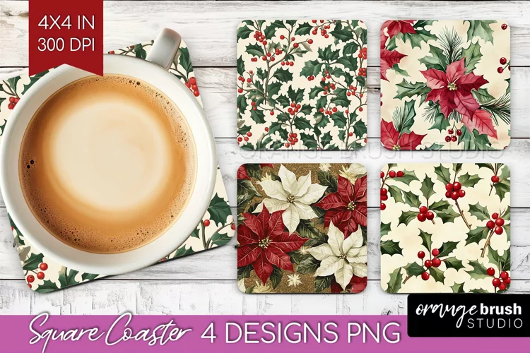 Poinsettia Square Coaster - Christmas Coaster PNG