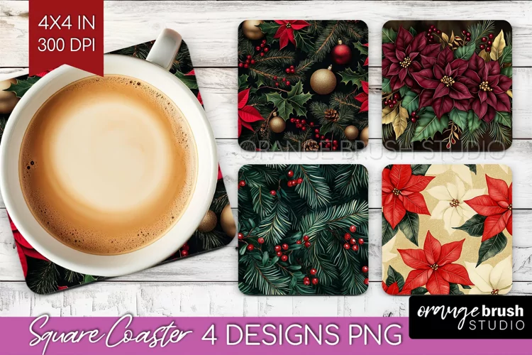 Poinsettia Square Coaster - Christmas Coaster PNG