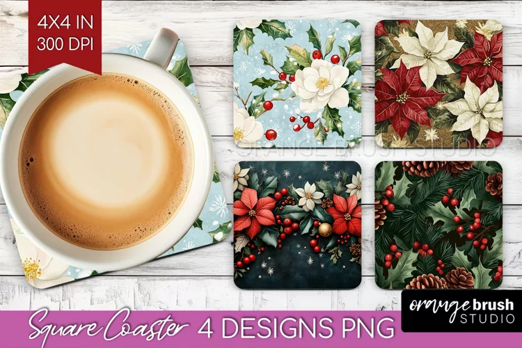 Poinsettia Square Coaster - Christmas Coaster PNG
