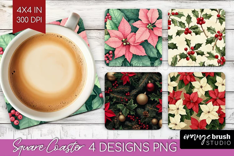 Poinsettia Square Coaster - Christmas Coaster PNG