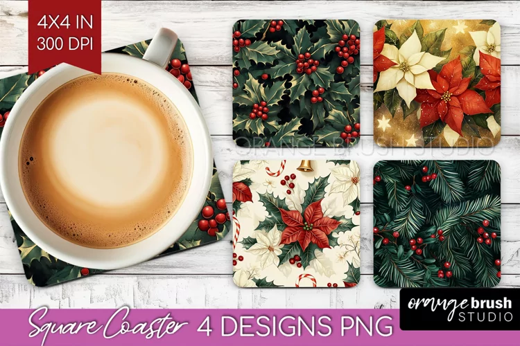 Poinsettia Square Coaster - Christmas Coaster PNG