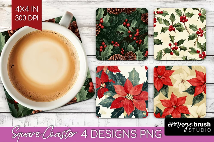 Poinsettia Square Coaster - Christmas Coaster PNG