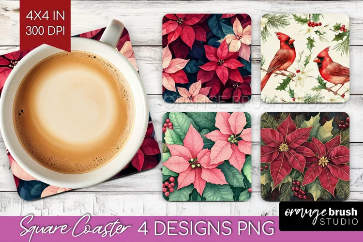 Poinsettia Square Coaster - Christmas Coaster PNG