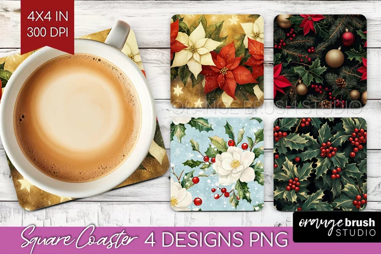 Poinsettia Square Coaster - Christmas Coaster PNG